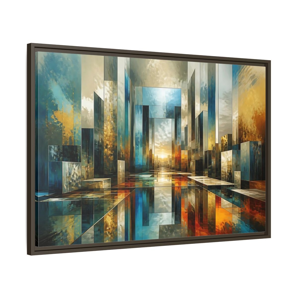 Abstract Cityscape Blue Gold Framed Canvas Print – Modern Decor for Living Room, Above Fireplace - YesArtYes