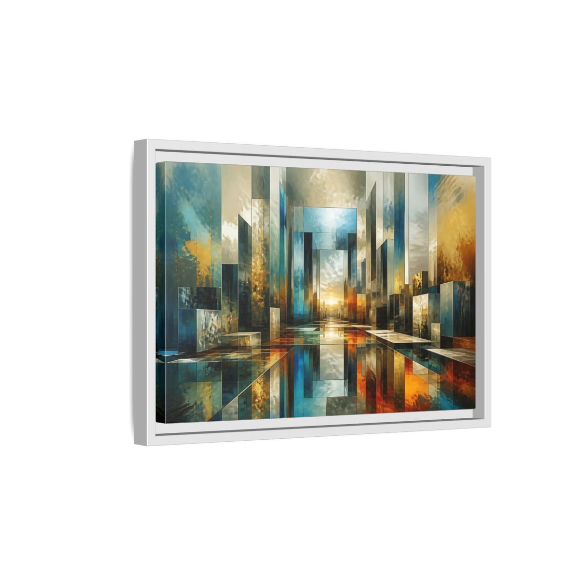 Abstract Cityscape Blue Gold Framed Canvas Print – Modern Decor for Living Room, Above Fireplace - YesArtYes