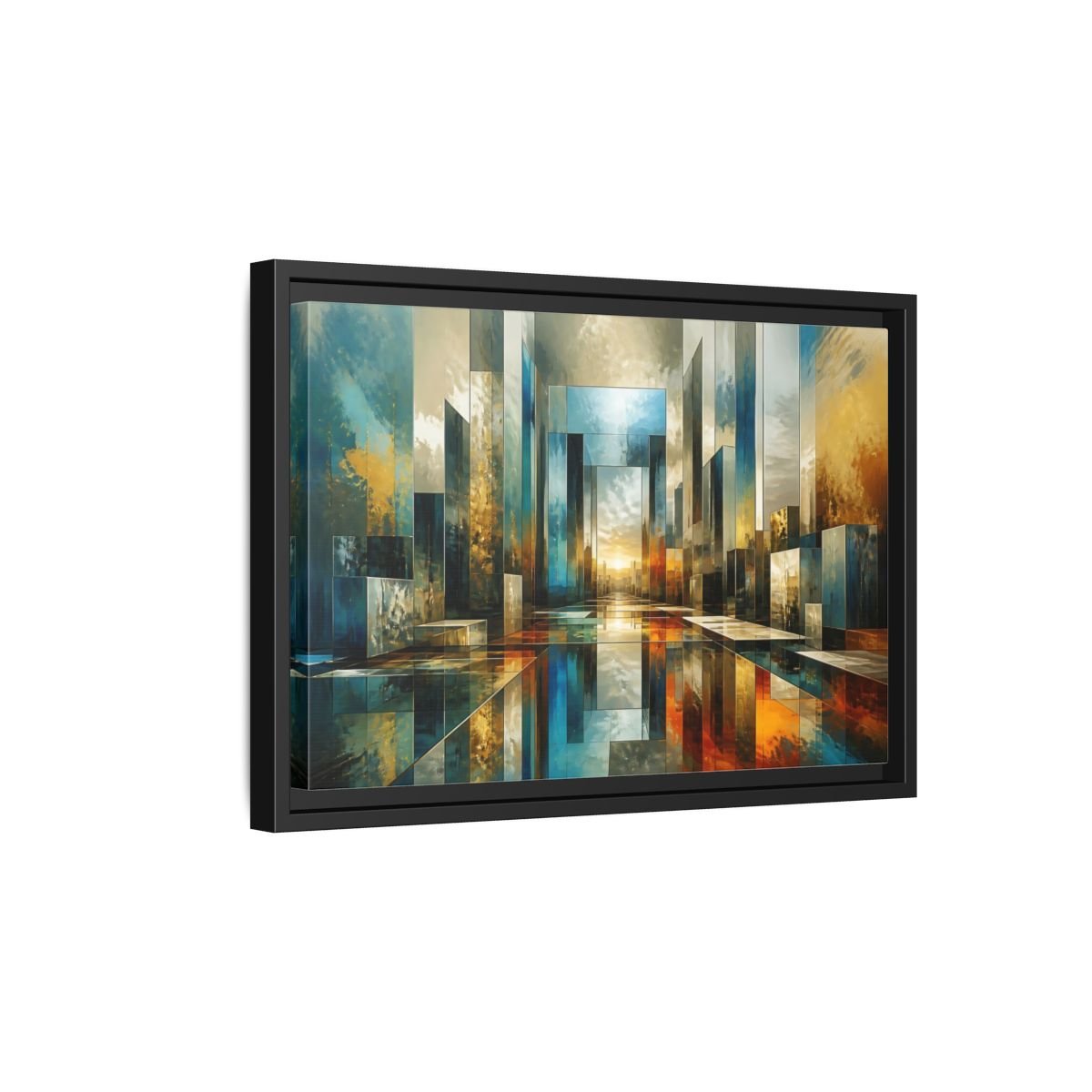 Abstract Cityscape Blue Gold Framed Canvas Print – Modern Decor for Living Room, Above Fireplace - YesArtYes