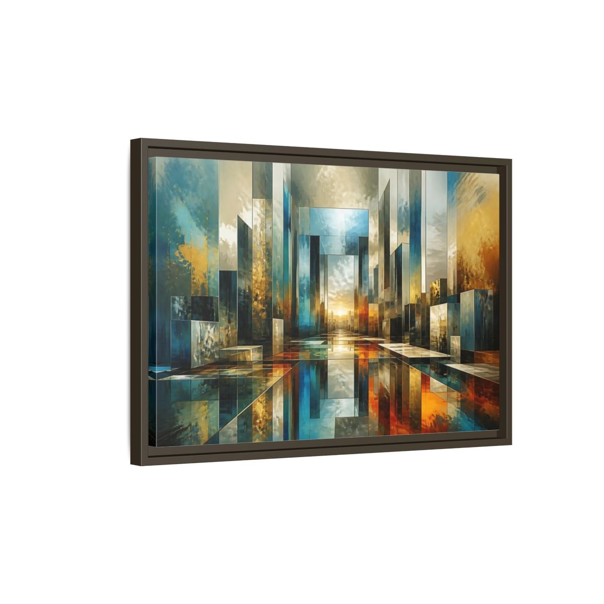 Abstract Cityscape Blue Gold Framed Canvas Print – Modern Decor for Living Room, Above Fireplace - YesArtYes