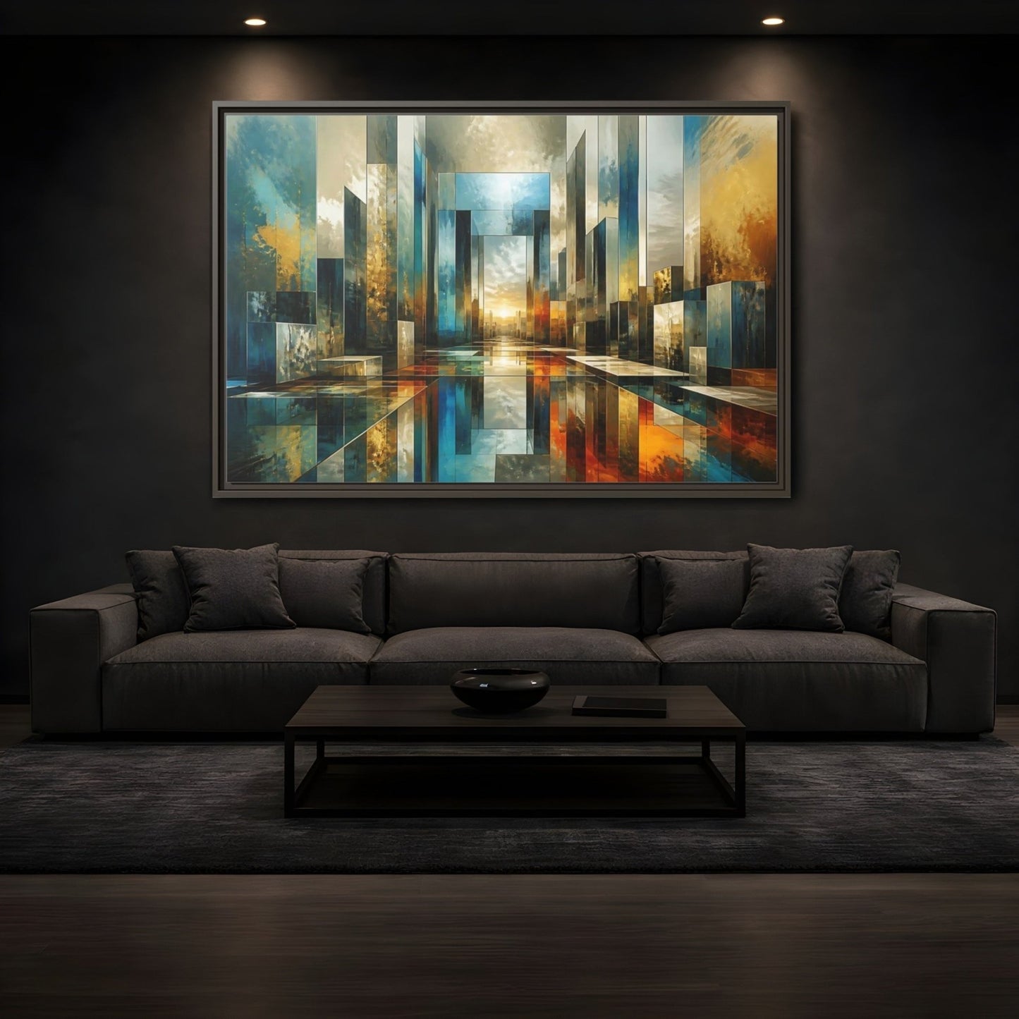 Abstract Cityscape Blue Gold Framed Canvas Print – Modern Decor for Living Room, Above Fireplace - YesArtYes