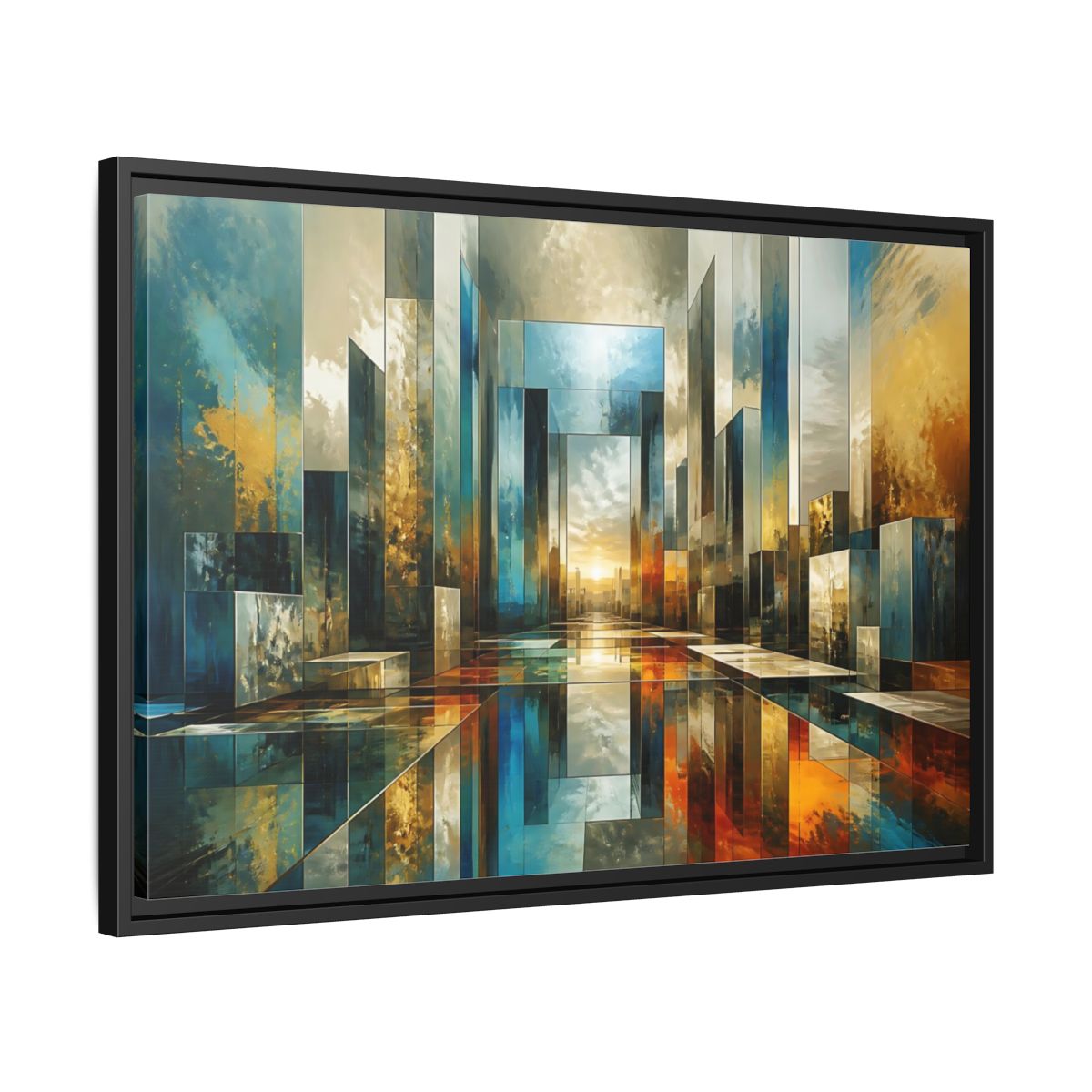 Side Mockup 14. Abstract Abstract Cityscape Blue Gold Abstract shown as framed canvas print