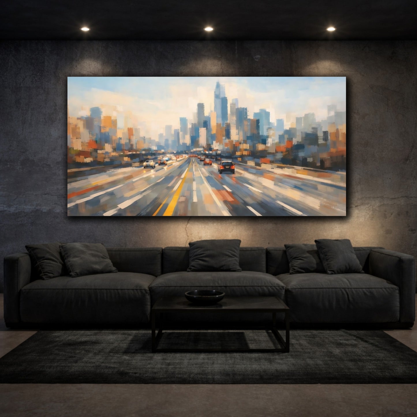 Mockup 2. Abstract Cityscape Blue Orange Cityscape shown as stretched canvas wall art