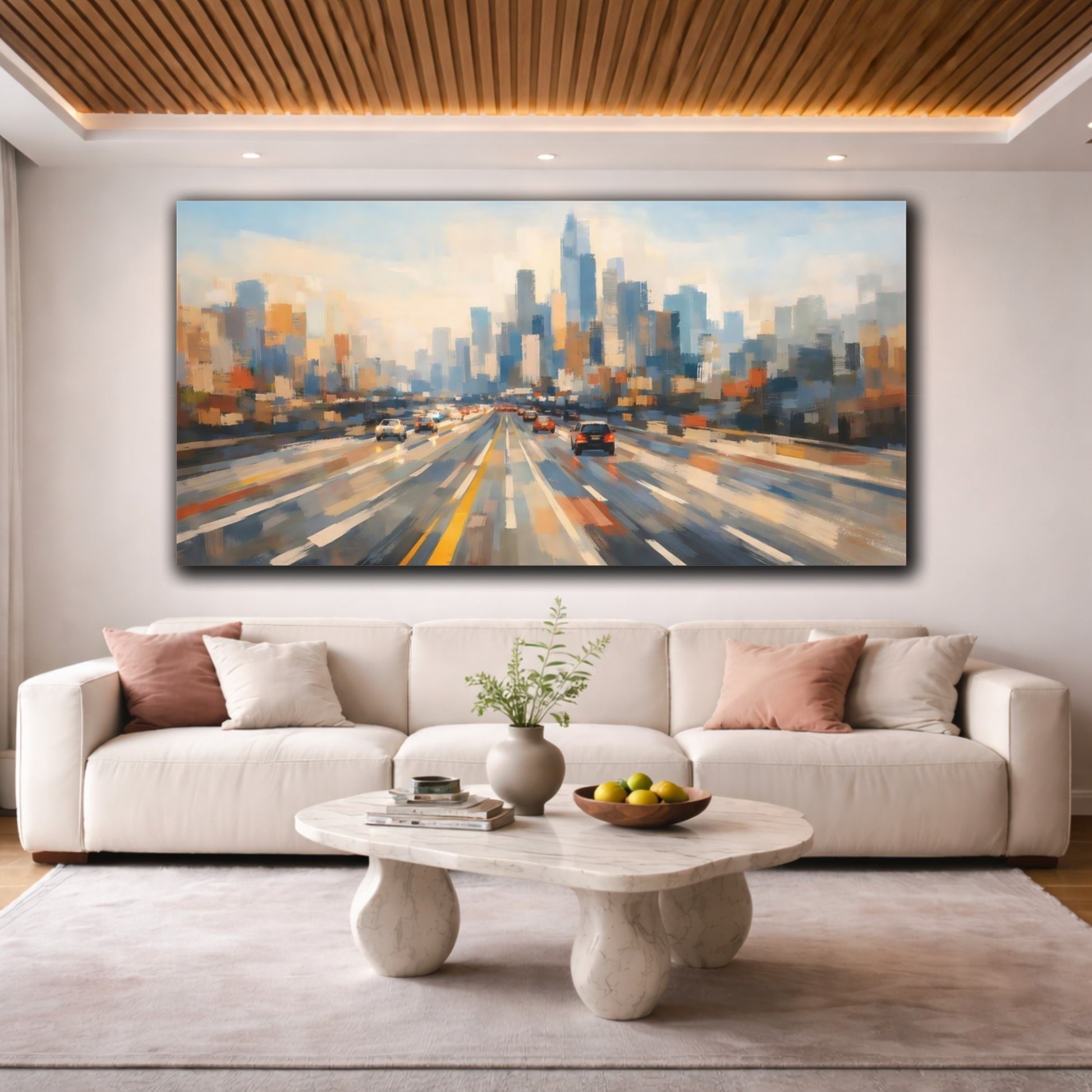 Mockup 3. Abstract Cityscape Blue Orange Cityscape shown as stretched canvas wall art