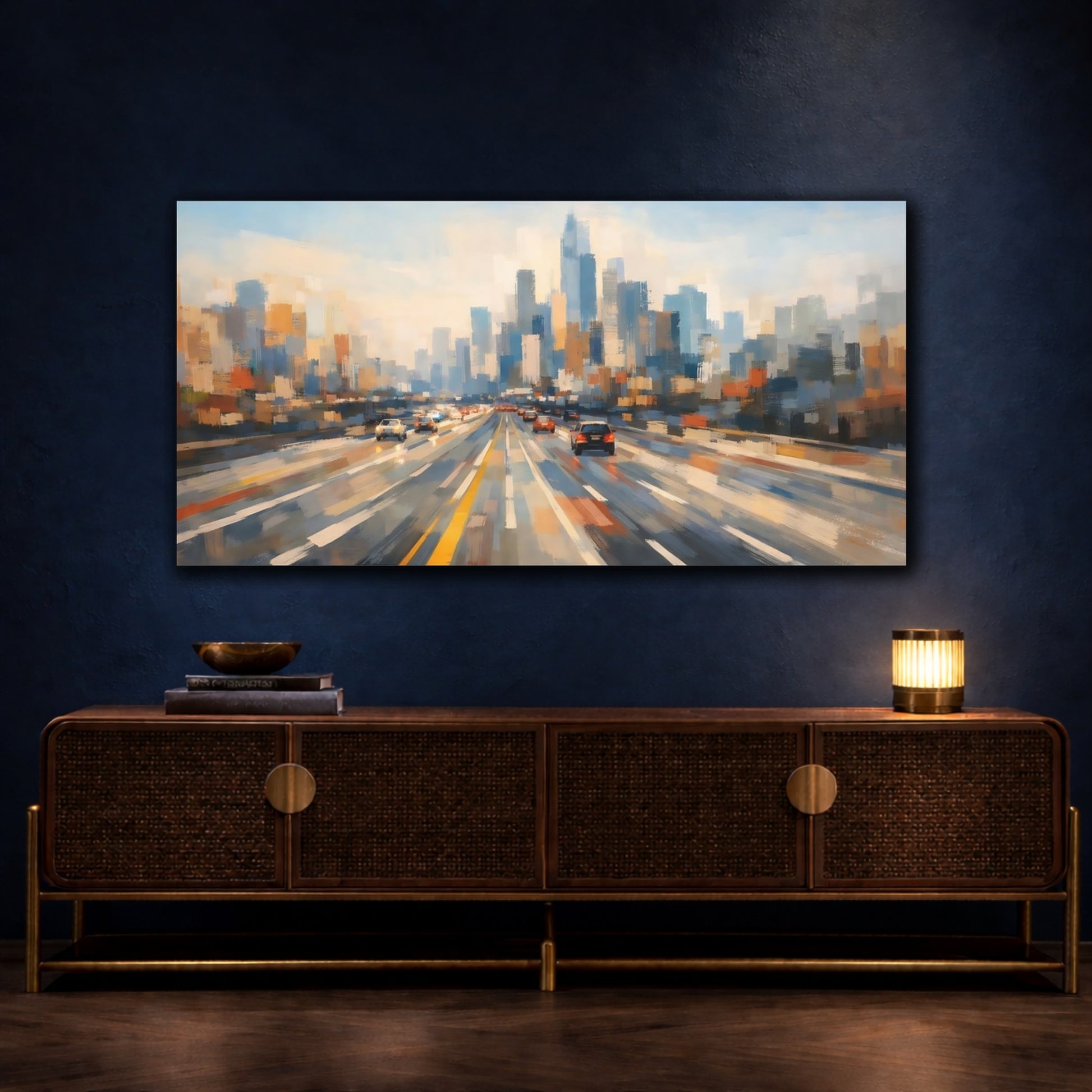 Mockup 4. Abstract Cityscape Blue Orange Cityscape shown as stretched canvas wall art