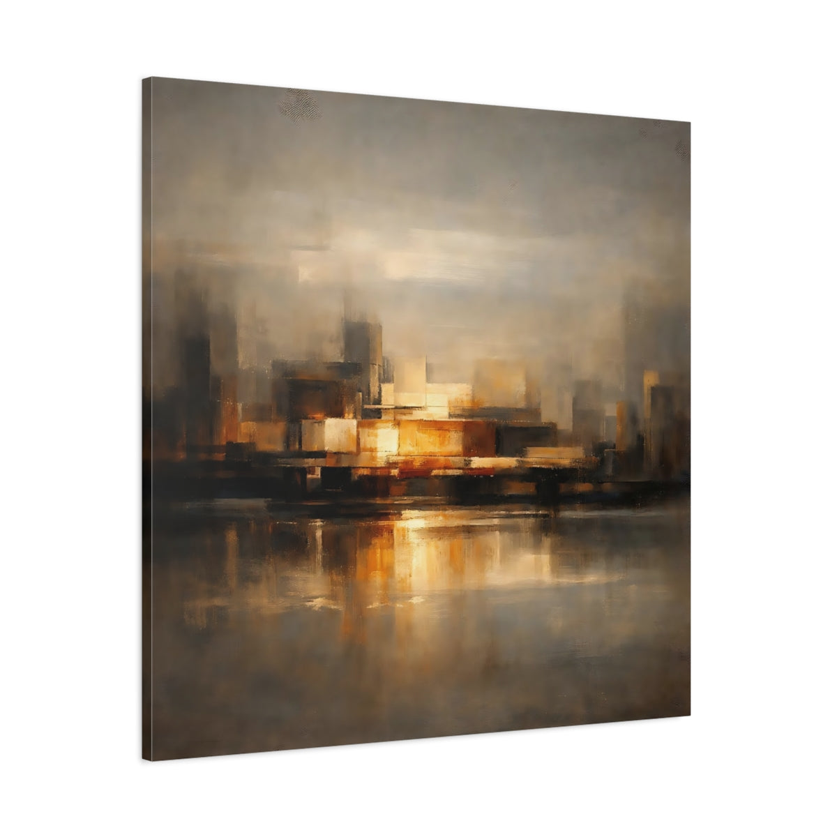 Main Mockup. Abstract Cityscape Brown And Gold shown as stretched canvas wall art
