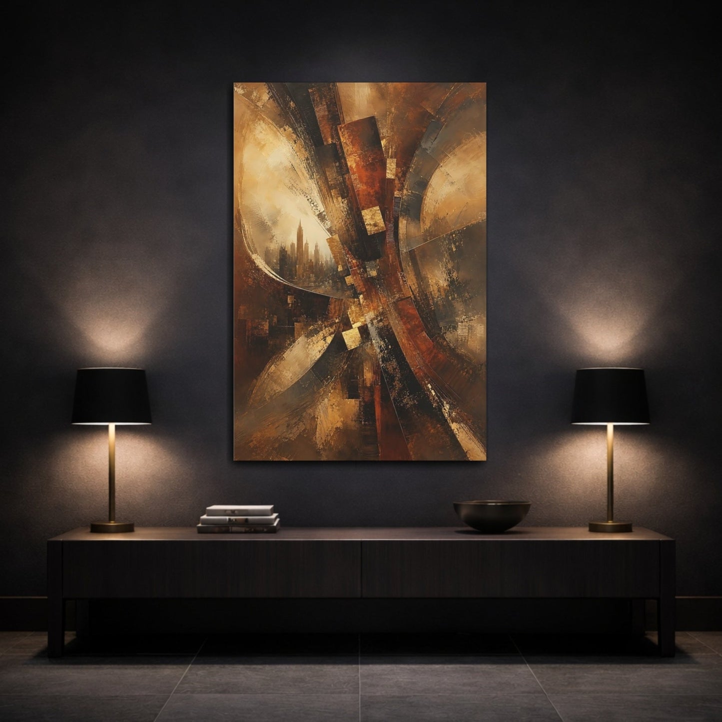 Abstract Cityscape Brown And Gold Canvas Print – Living Room, Above Console Table, - YesArtYes