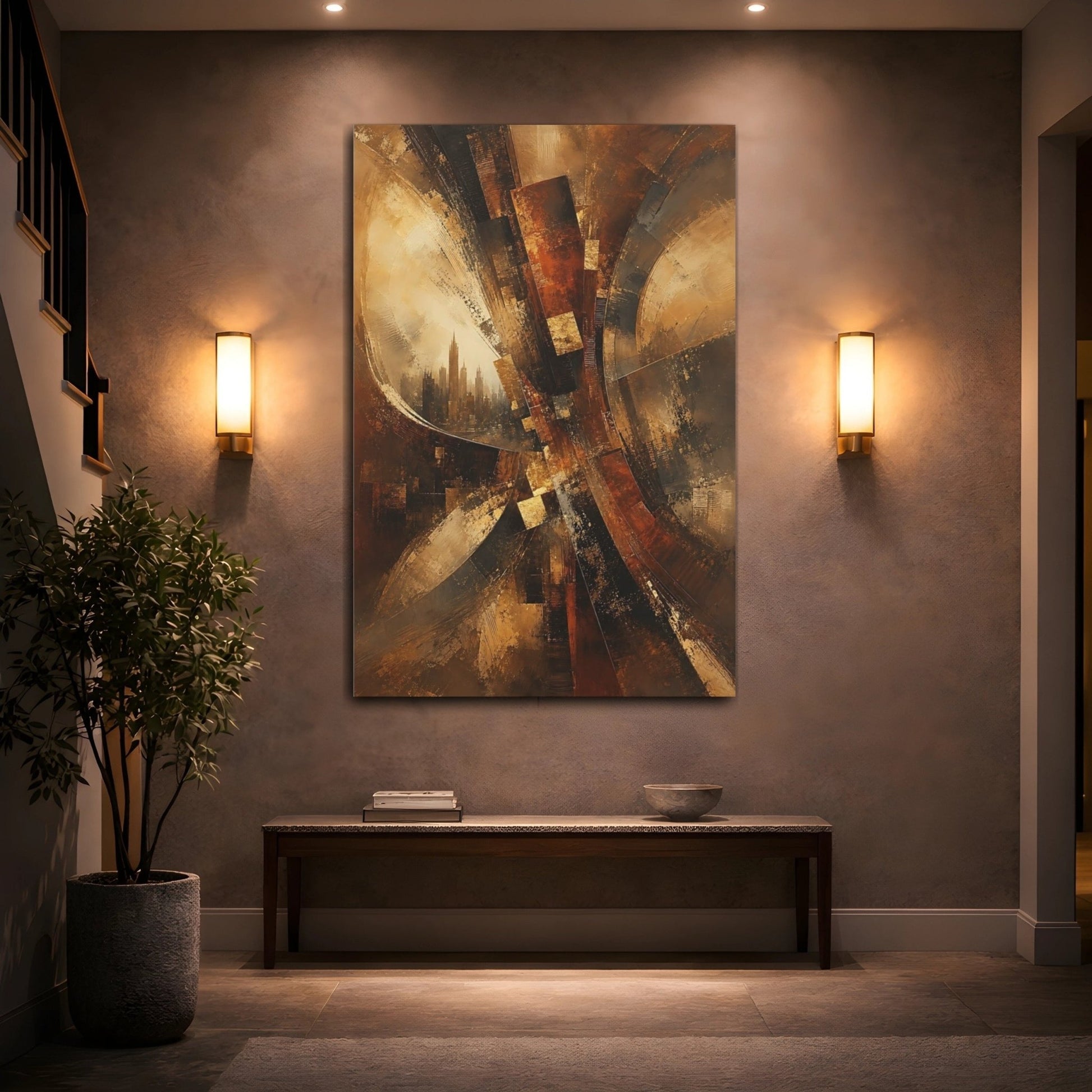 Abstract Cityscape Brown And Gold Canvas Print – Living Room, Above Console Table, - YesArtYes