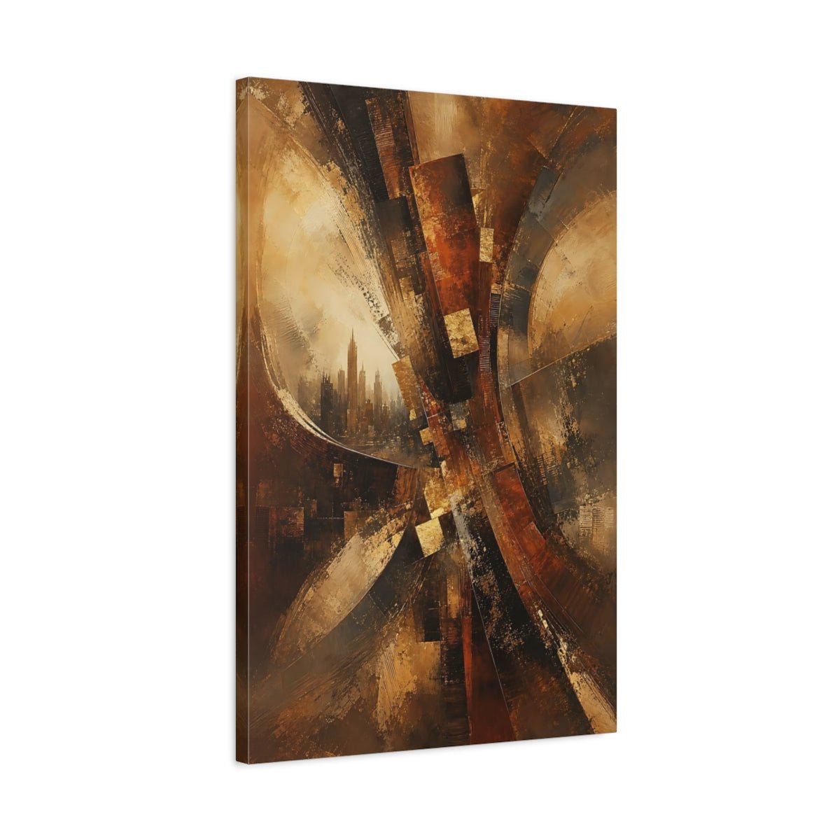 Abstract Cityscape Brown And Gold Canvas Print – Living Room, Above Console Table, - YesArtYes