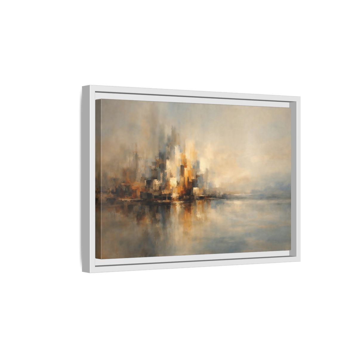 Side Mockup 4. Abstract Abstract Cityscape Brown And Gold Abstract shown as stretched canvas wall art