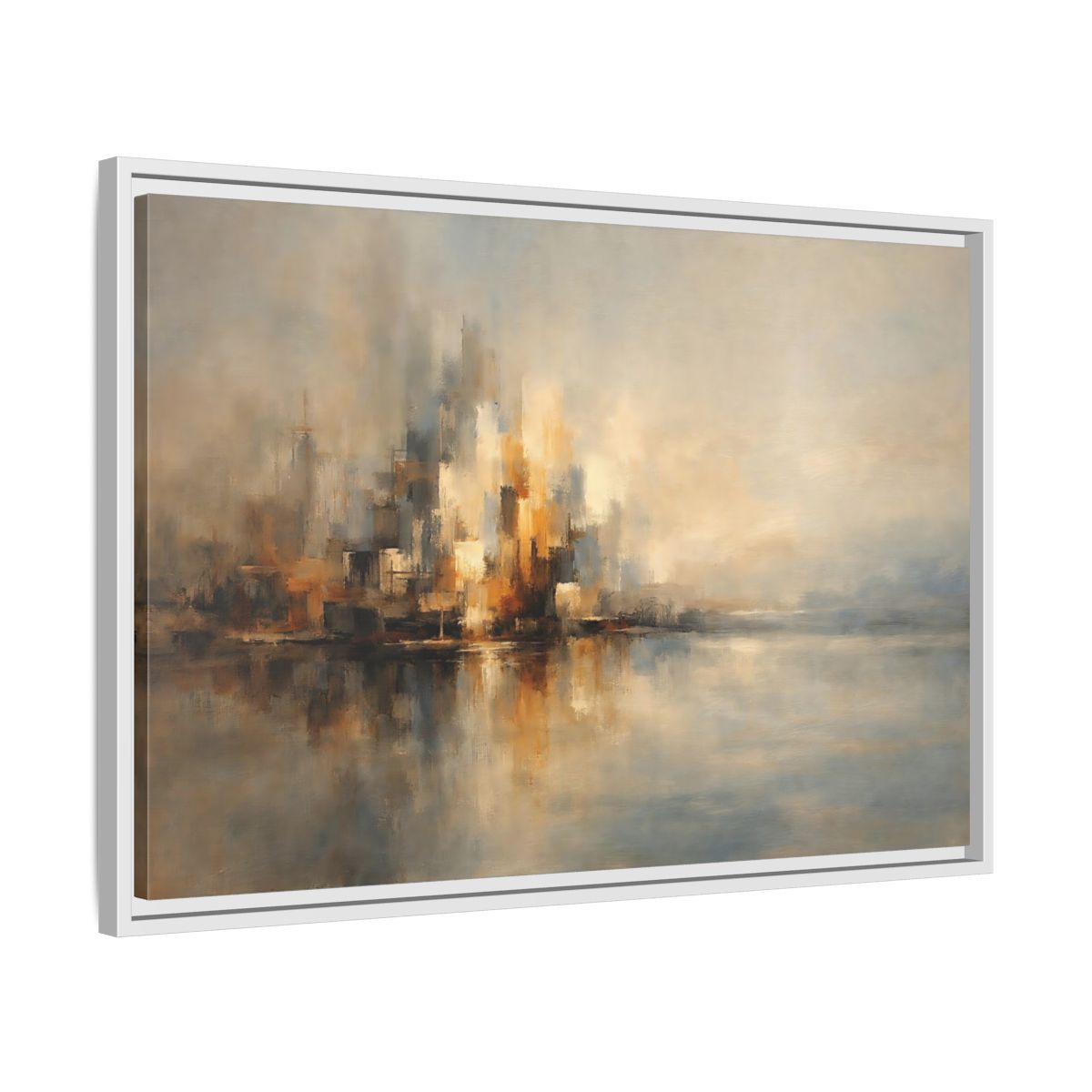 Side Mockup 10. Abstract Abstract Cityscape Brown And Gold Abstract shown as stretched canvas wall art