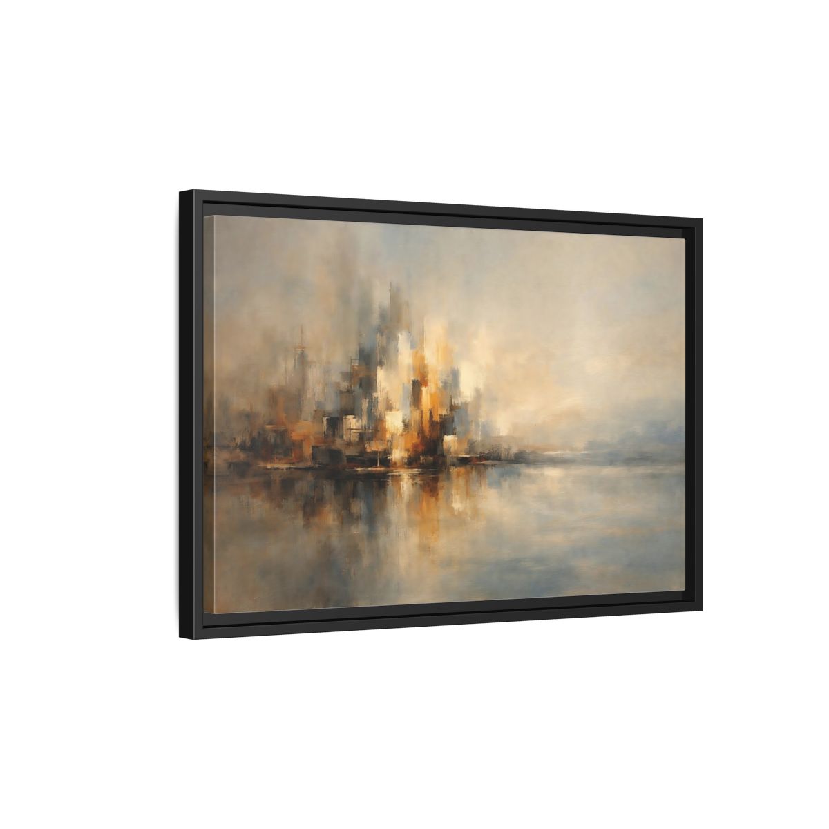 Side Mockup 3. Abstract Abstract Cityscape Brown And Gold Abstract shown as stretched canvas wall art