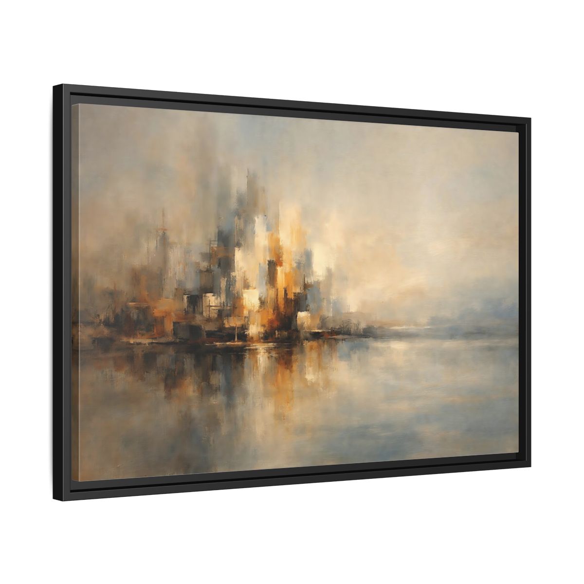 Side Mockup 14. Abstract Abstract Cityscape Brown And Gold Abstract shown as stretched canvas wall art