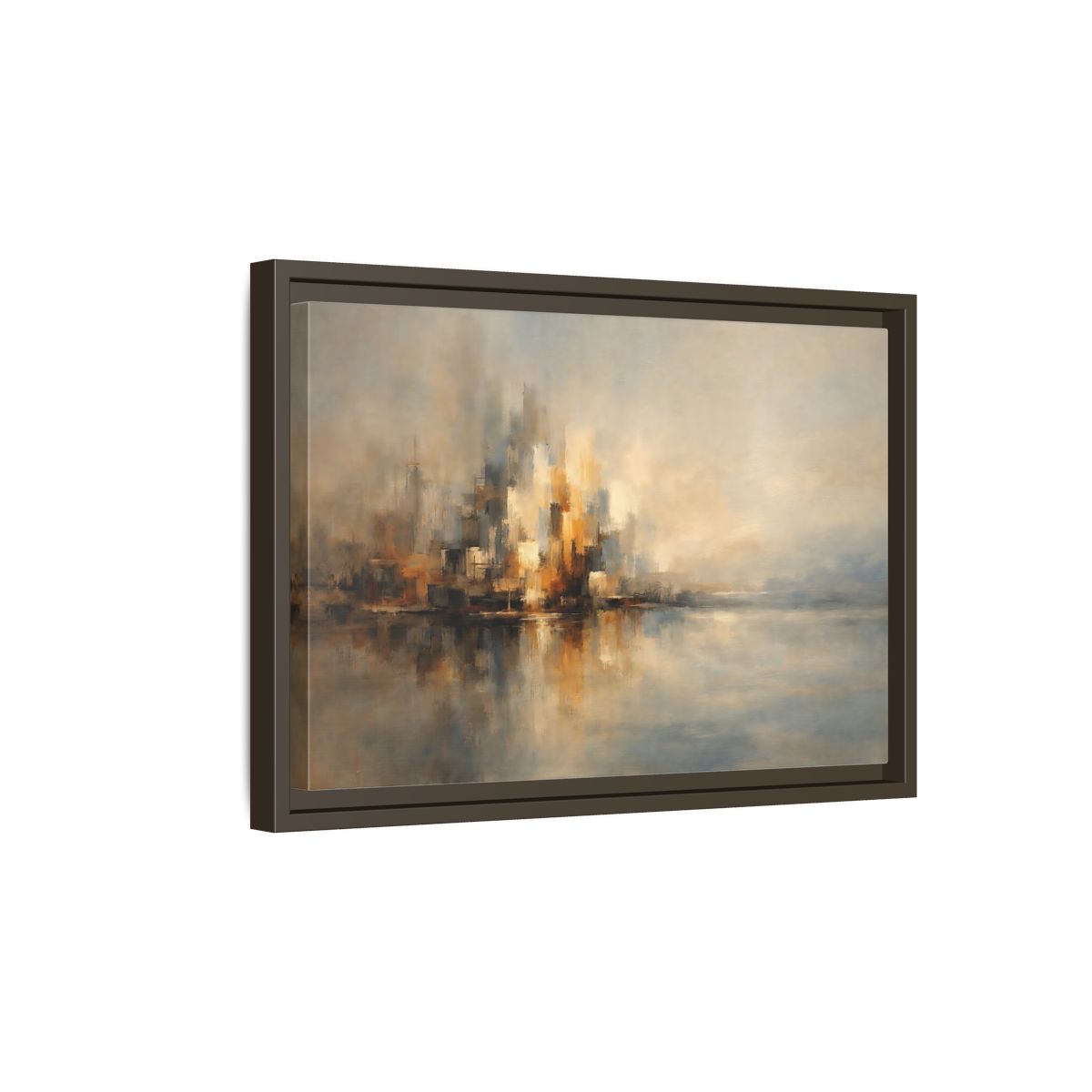 Side Mockup 5. Abstract Abstract Cityscape Brown And Gold Abstract shown as stretched canvas wall art