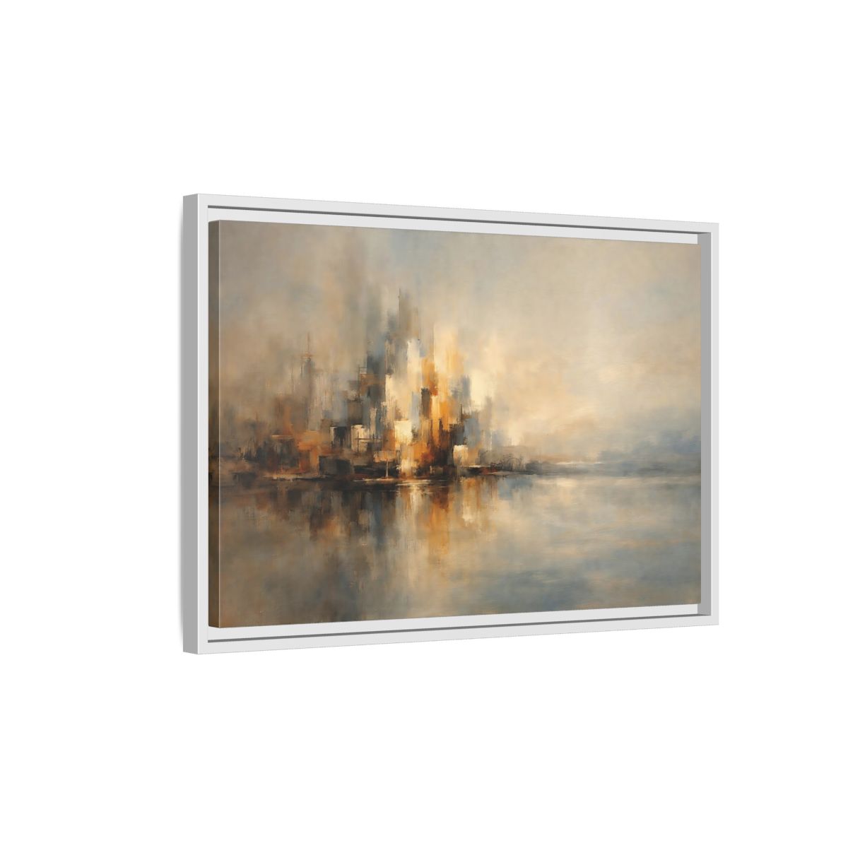 Side Mockup 1. Abstract Abstract Cityscape Brown And Gold Abstract shown as stretched canvas wall art