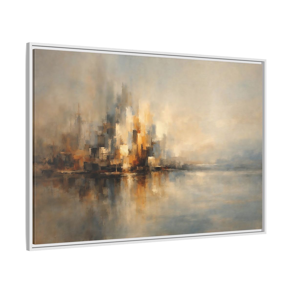 Side Mockup 7. Abstract Abstract Cityscape Brown And Gold Abstract shown as stretched canvas wall art