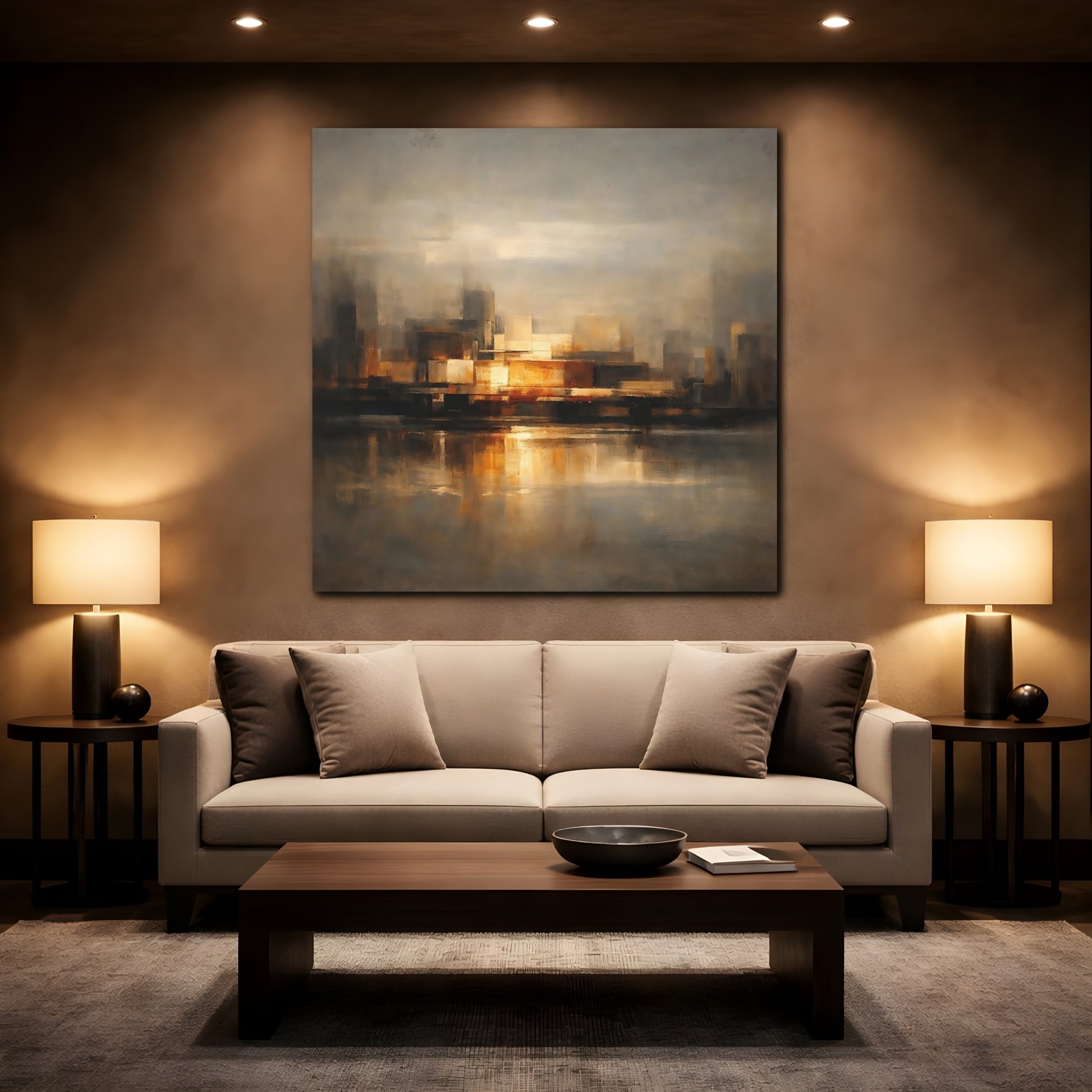 Mockup 2. Abstract Cityscape Brown And Gold shown as stretched canvas wall art