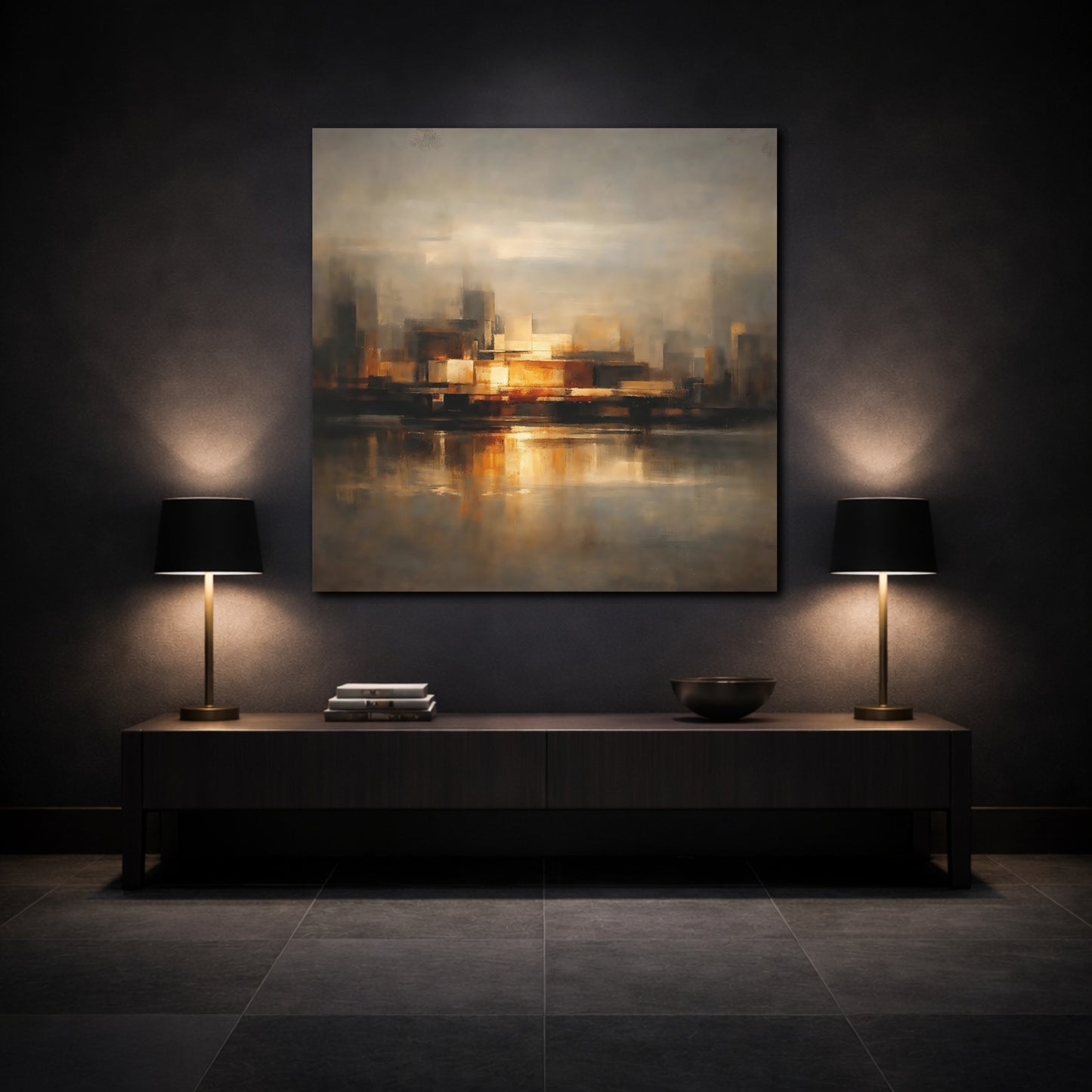 Mockup 3. Abstract Cityscape Brown And Gold shown as stretched canvas wall art