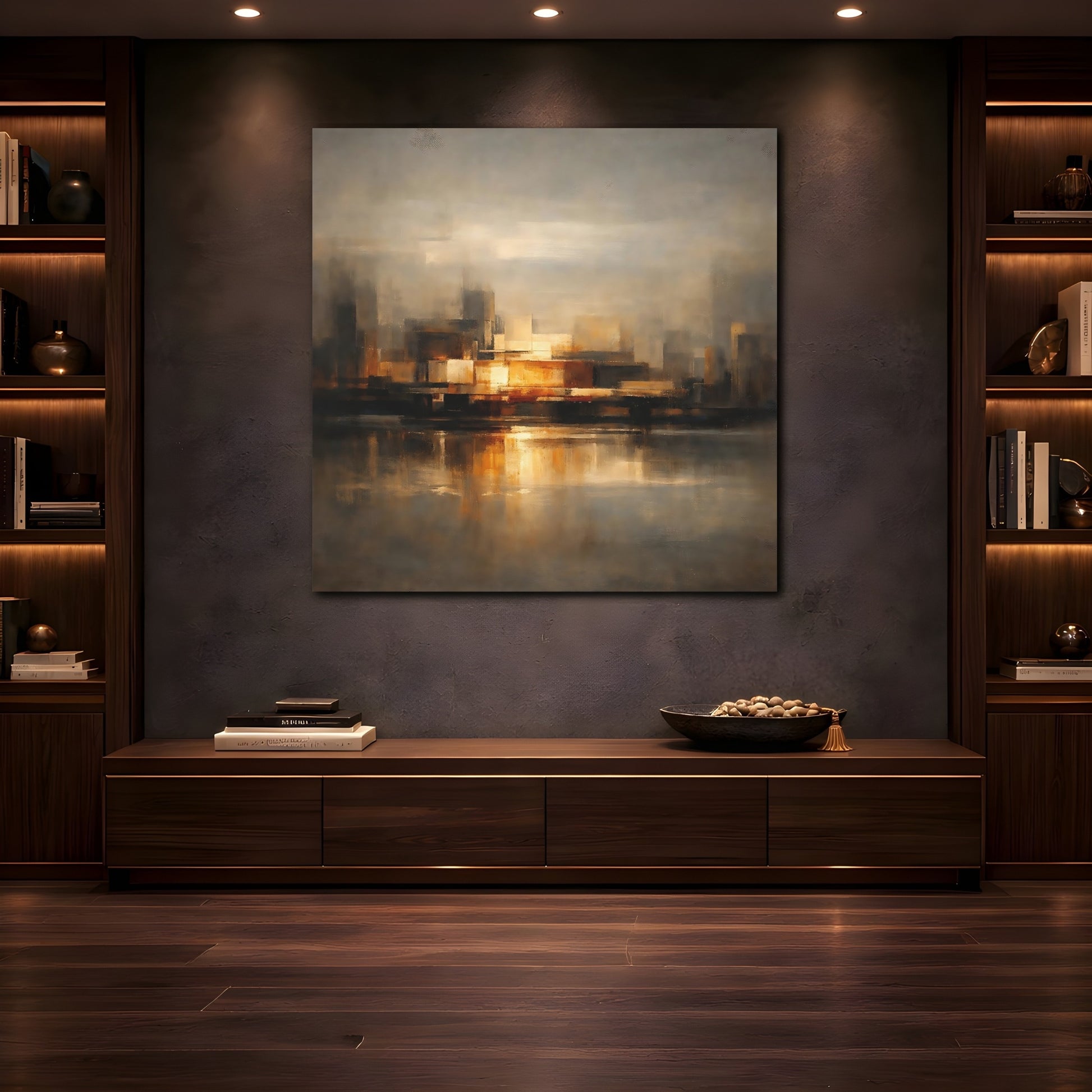 Mockup 4. Abstract Cityscape Brown And Gold shown as stretched canvas wall art