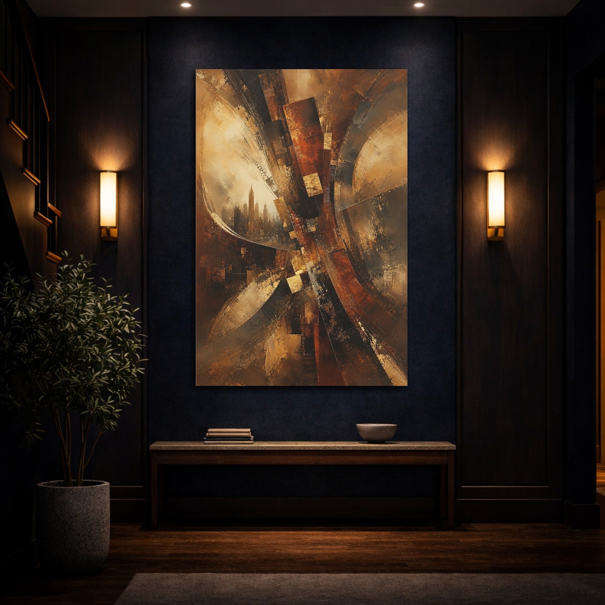 Mockup 4. Abstract Cityscape Brown And Gold shown as stretched canvas wall art