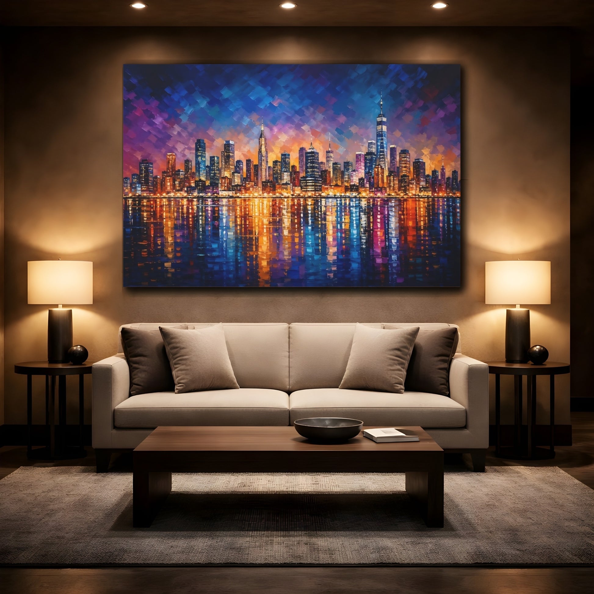 Mockup 2. Abstract Cityscape Colorful Cityscape shown as stretched canvas wall art
