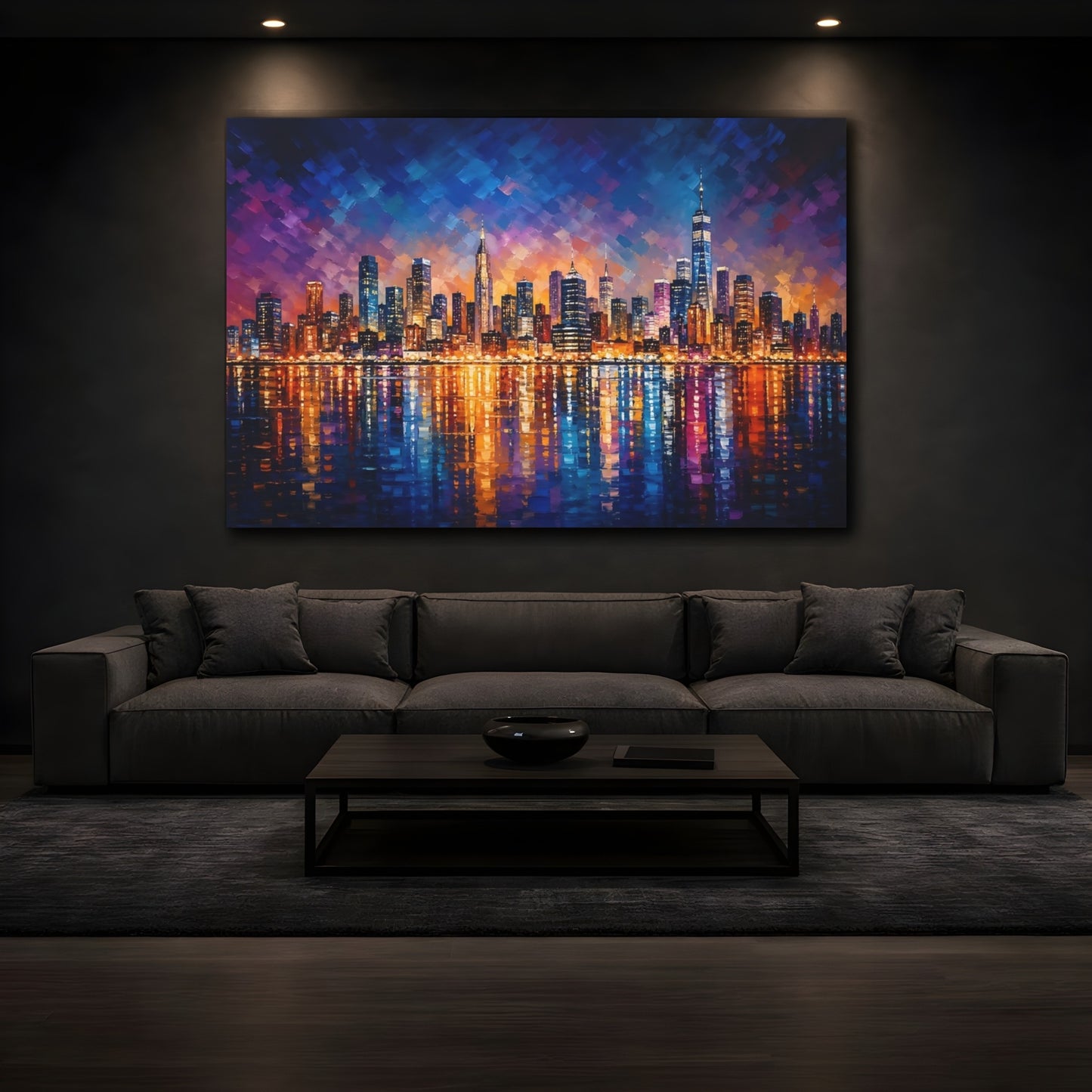 Mockup 3. Abstract Cityscape Colorful Cityscape shown as stretched canvas wall art