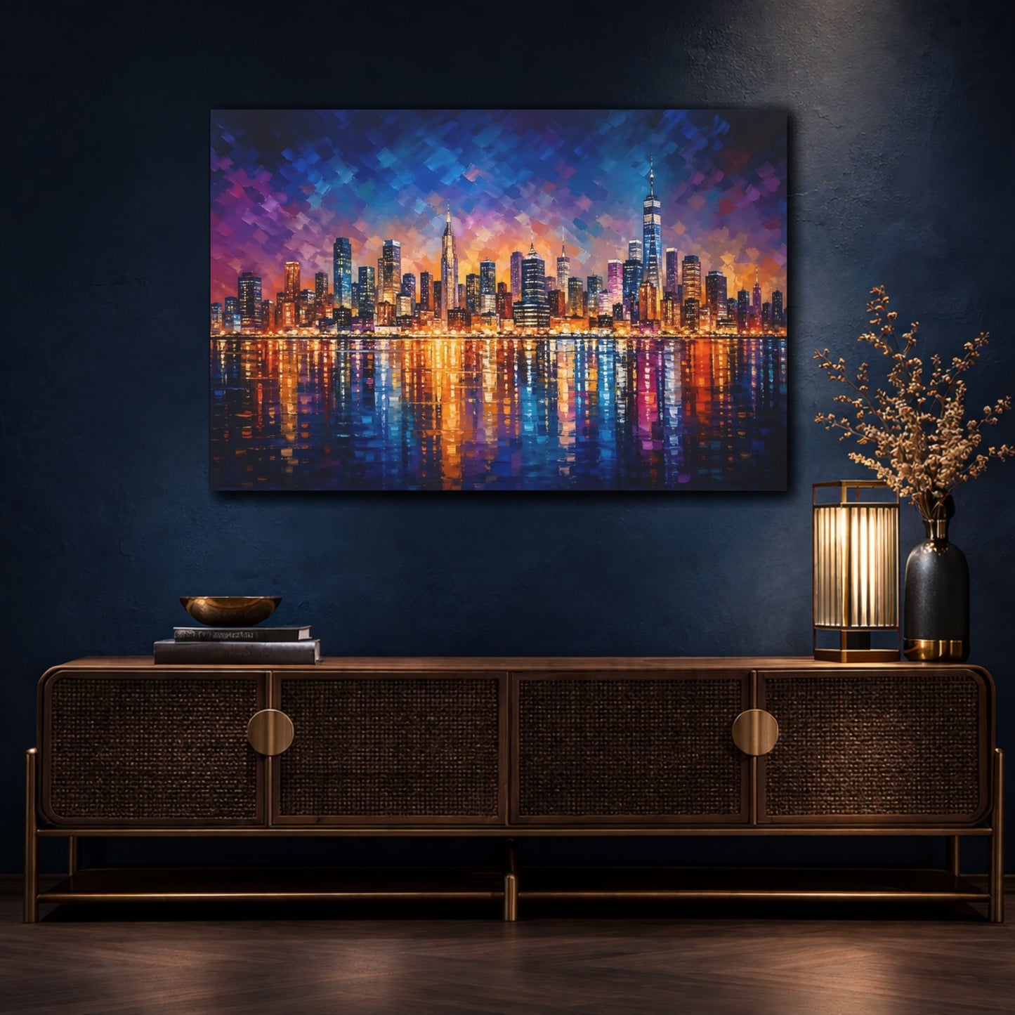 Mockup 4. Abstract Cityscape Colorful Cityscape shown as stretched canvas wall art
