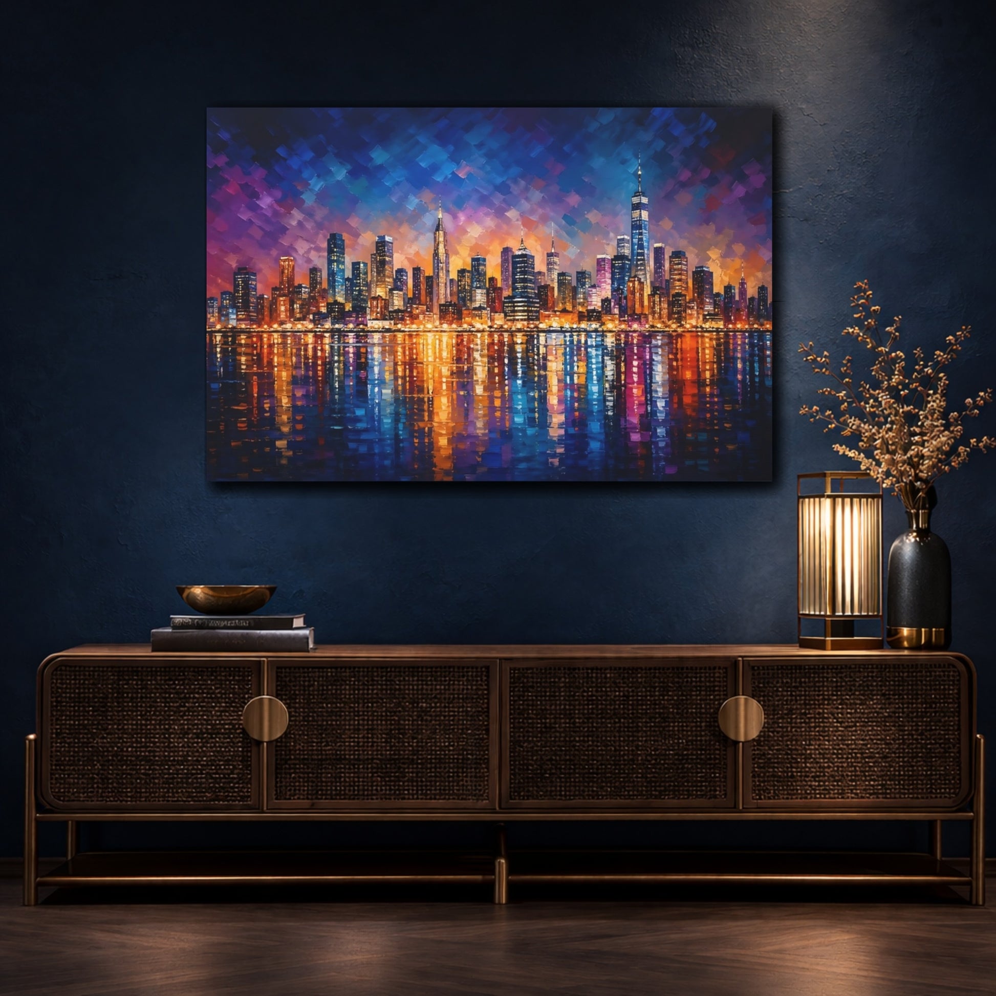 Mockup 4. Abstract Cityscape Colorful Cityscape shown as stretched canvas wall art