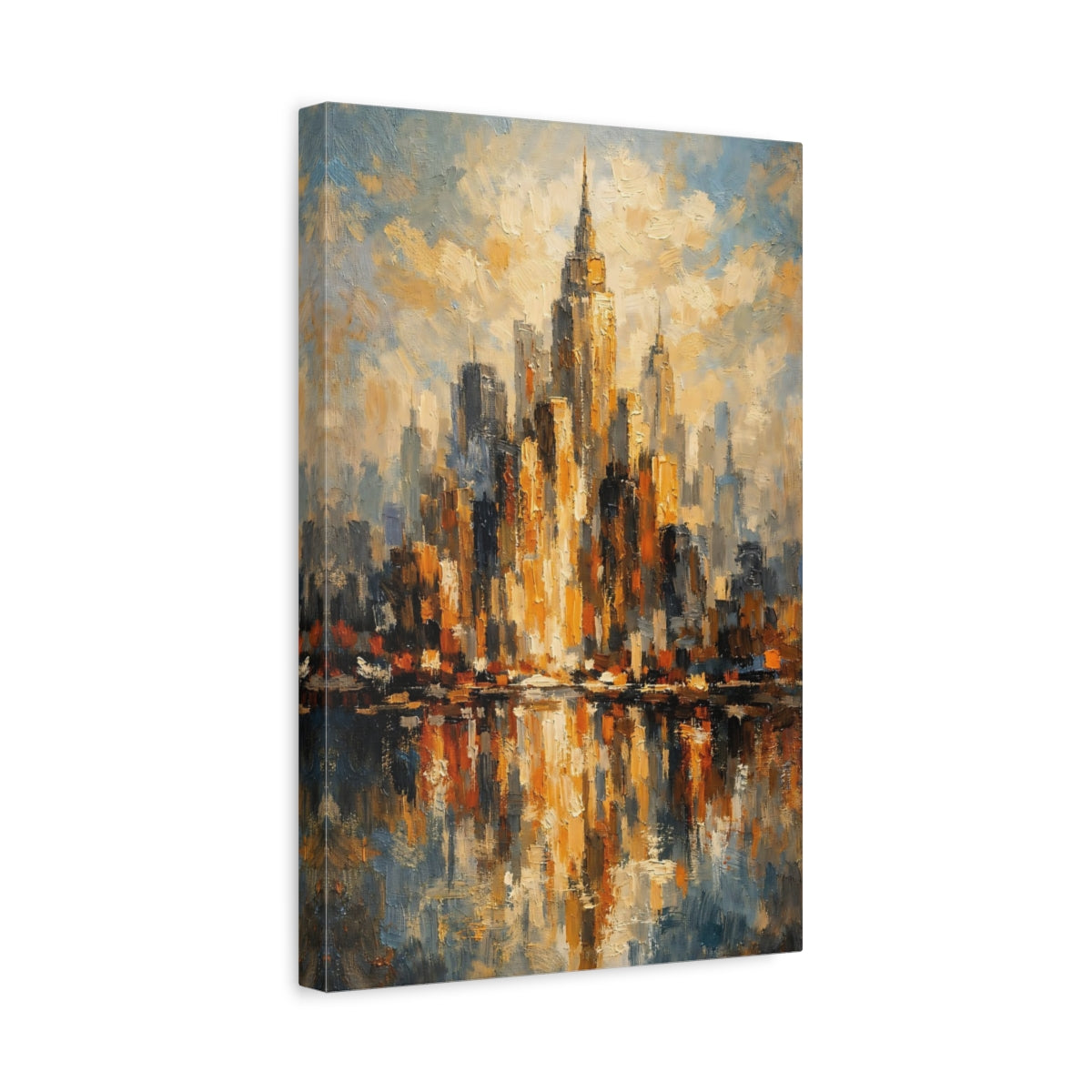 Side Mockup 4. Abstract Cityscape Gold And Blue Cityscape shown as stretched canvas wall art