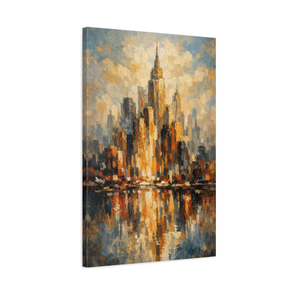 Side Mockup 2. Abstract Cityscape Gold And Blue Cityscape shown as stretched canvas wall art