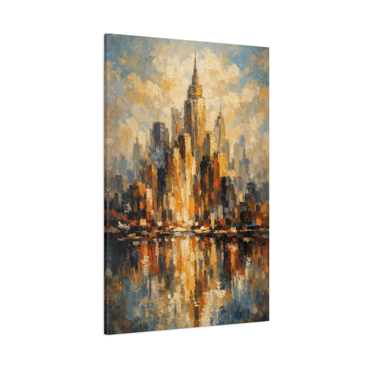 Main Mockup. Abstract Cityscape Gold And Blue Cityscape shown as stretched canvas wall art