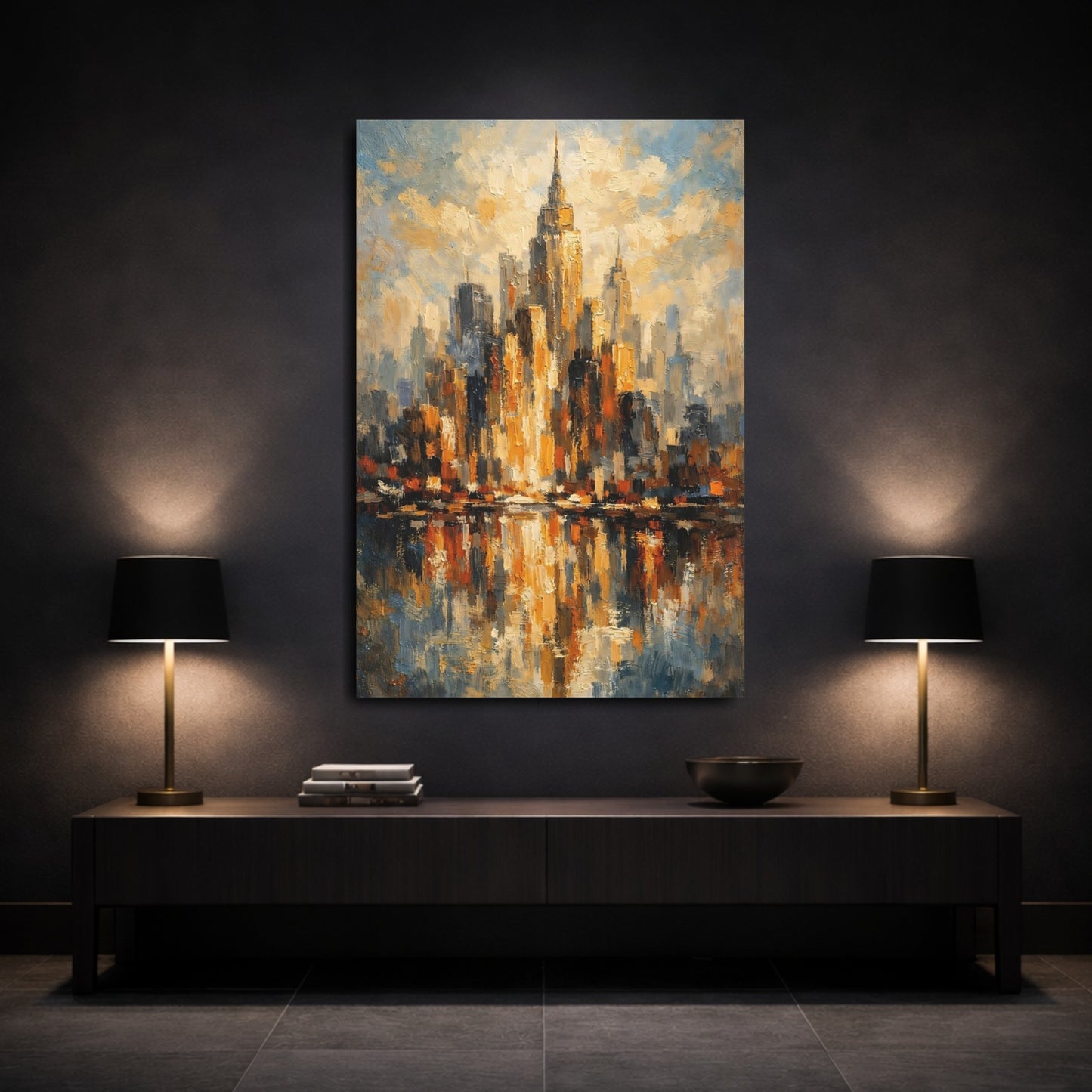 Mockup 2. Abstract Cityscape Gold And Blue Cityscape shown as stretched canvas wall art