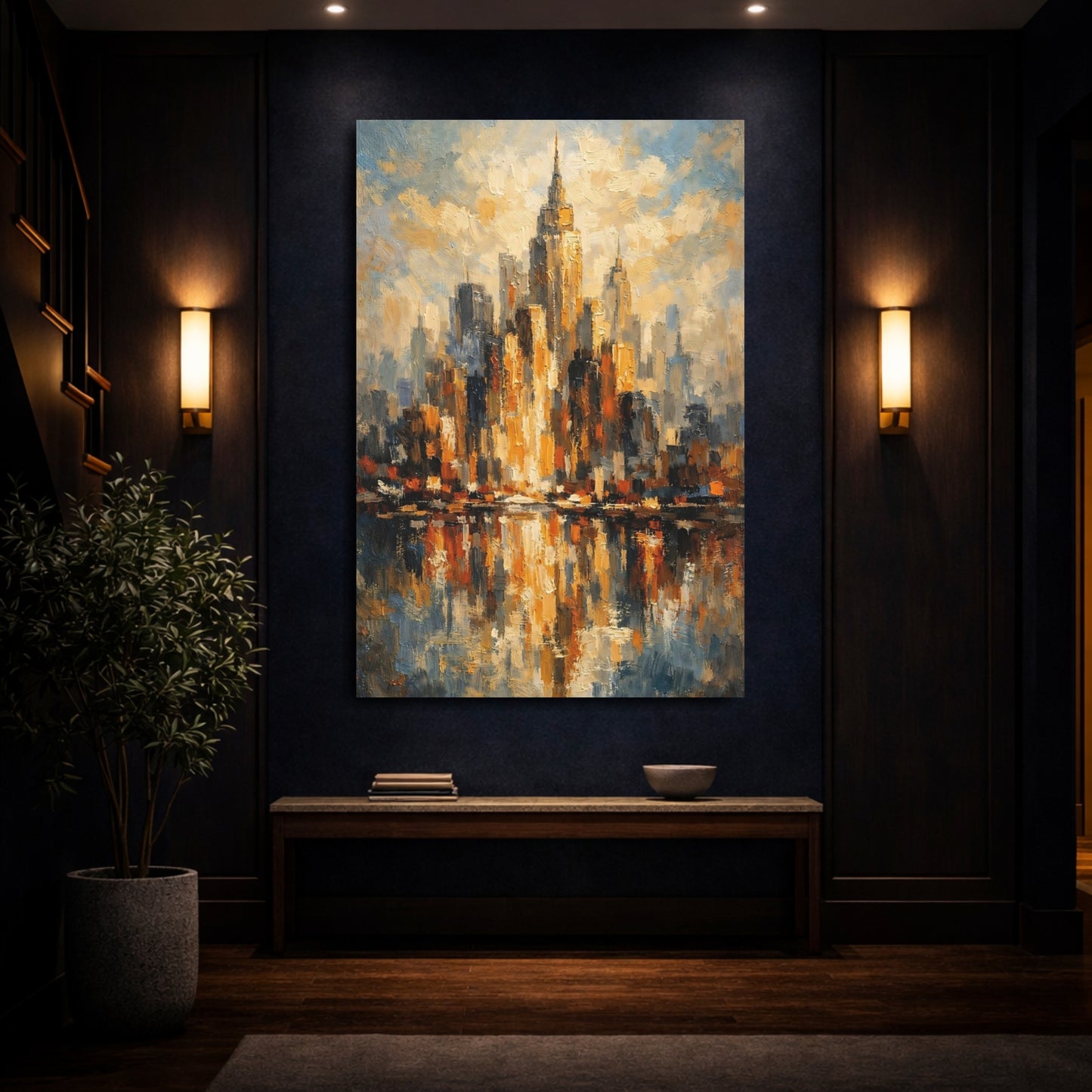 Mockup 3. Abstract Cityscape Gold And Blue Cityscape shown as stretched canvas wall art