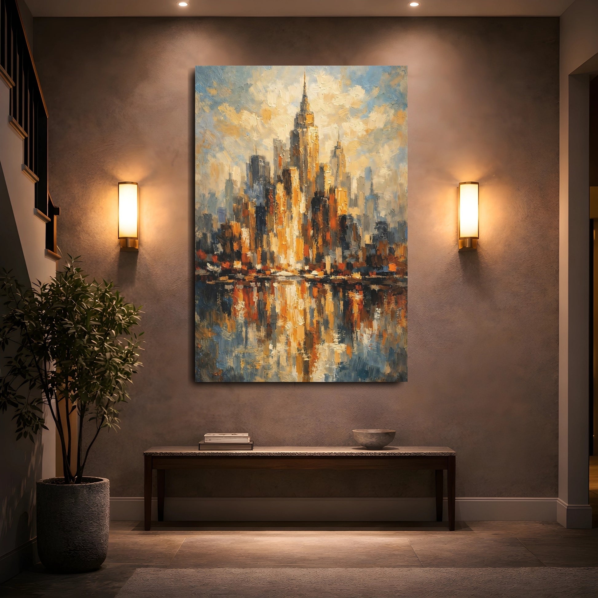 Mockup 4. Abstract Cityscape Gold And Blue Cityscape shown as stretched canvas wall art