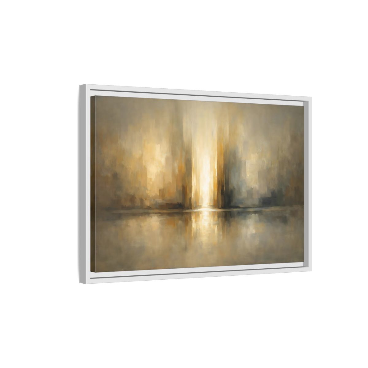 Side Mockup 1. Abstract Abstract Cityscape Gold And Gray shown as stretched canvas wall art