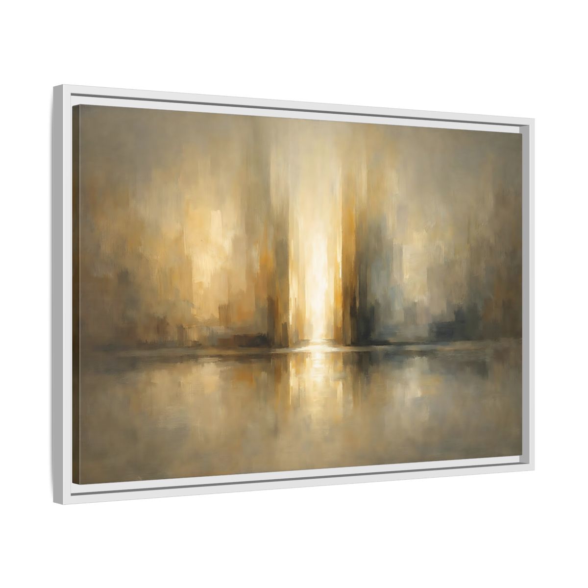 Side Mockup 10. Abstract Abstract Cityscape Gold And Gray shown as stretched canvas wall art