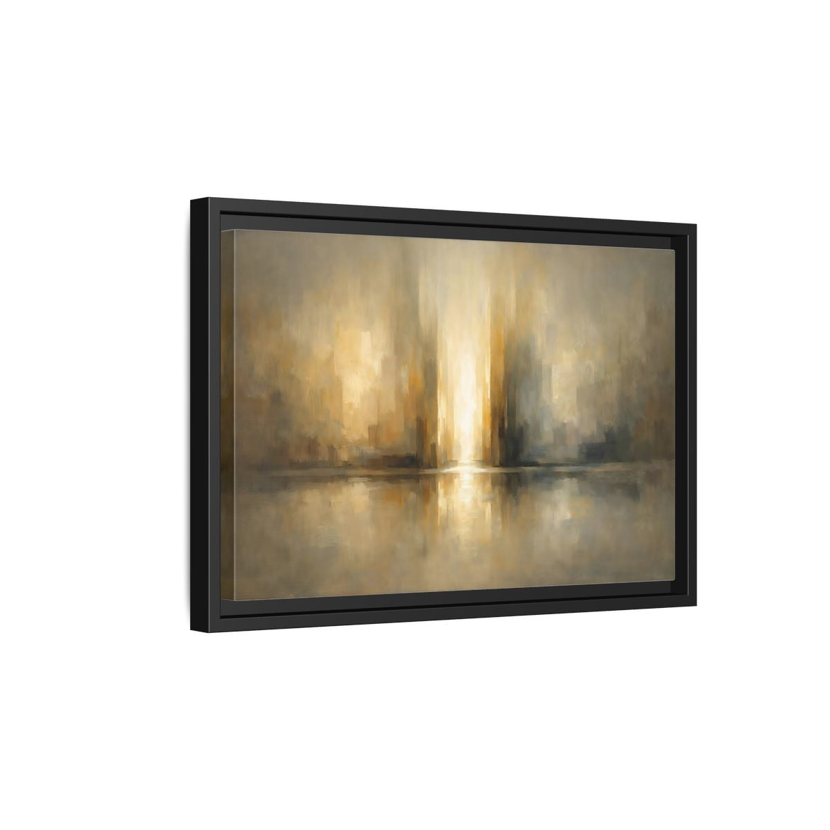 Side Mockup 6. Abstract Abstract Cityscape Gold And Gray shown as stretched canvas wall art