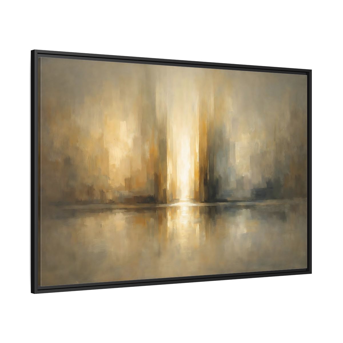Side Mockup 12. Abstract Abstract Cityscape Gold And Gray shown as stretched canvas wall art