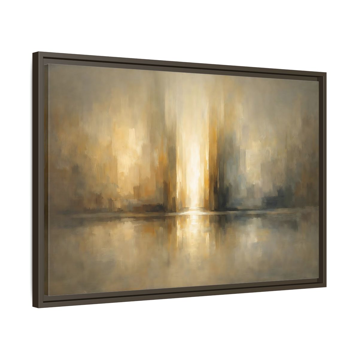Side Mockup 11. Abstract Abstract Cityscape Gold And Gray shown as stretched canvas wall art