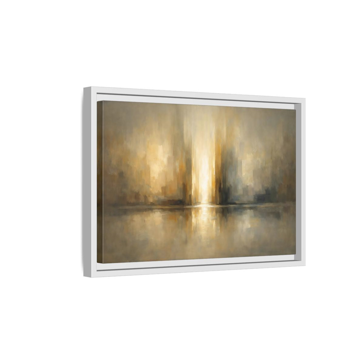 Side Mockup 4. Abstract Abstract Cityscape Gold And Gray shown as stretched canvas wall art