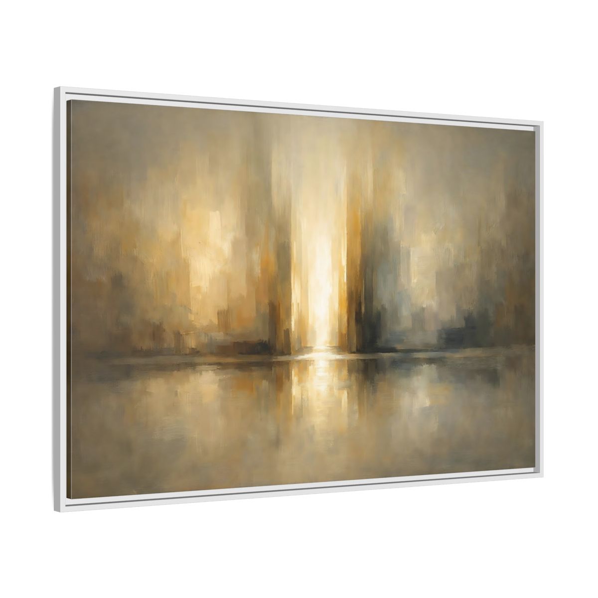 Side Mockup 7. Abstract Abstract Cityscape Gold And Gray shown as stretched canvas wall art