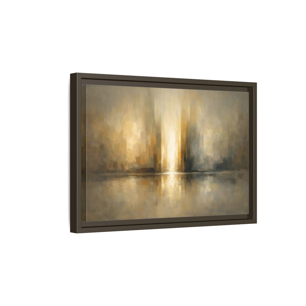 Side Mockup 5. Abstract Abstract Cityscape Gold And Gray shown as stretched canvas wall art
