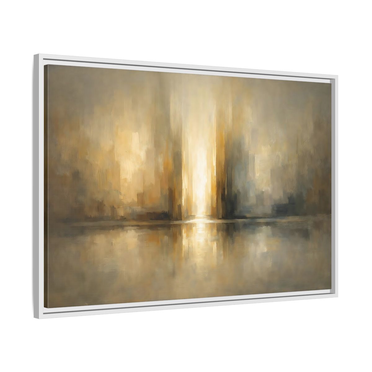 Side Mockup 8. Abstract Abstract Cityscape Gold And Gray shown as stretched canvas wall art