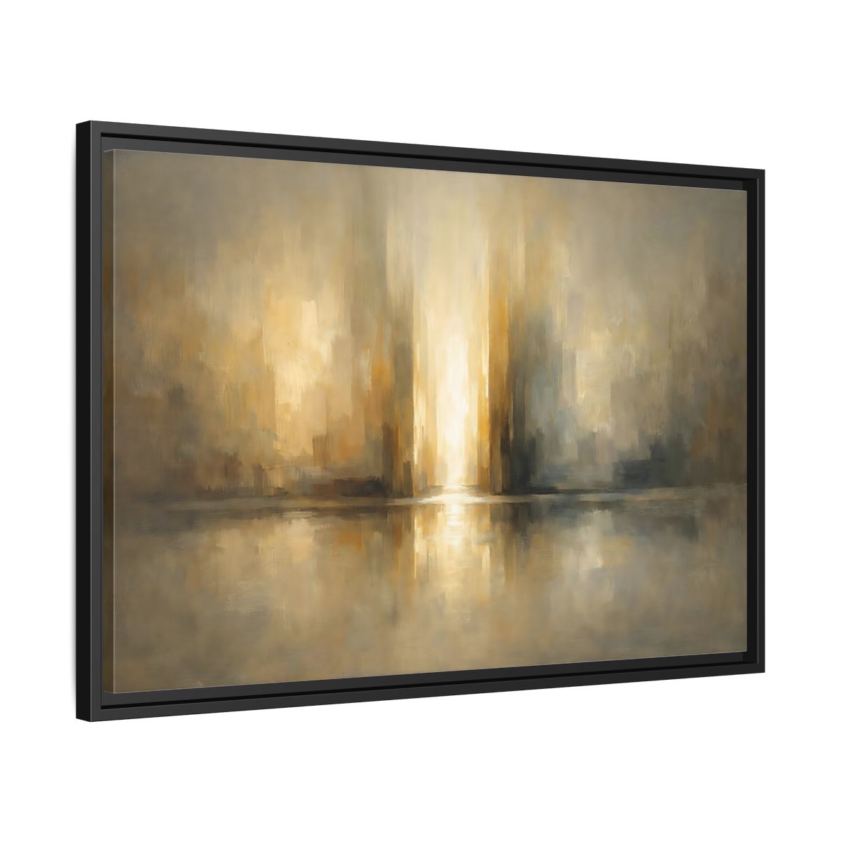 Side Mockup 14. Abstract Abstract Cityscape Gold And Gray shown as stretched canvas wall art