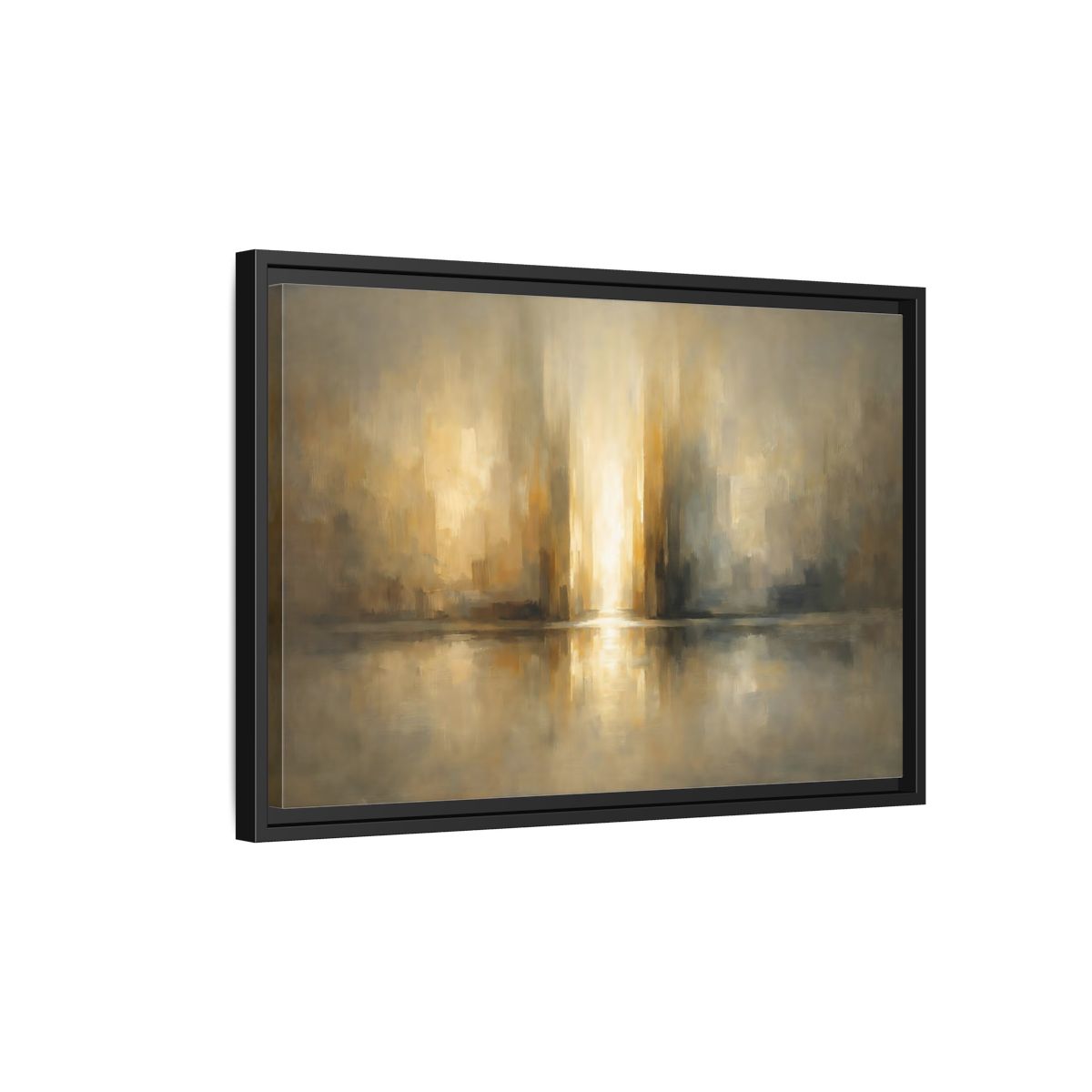 Side Mockup 3. Abstract Abstract Cityscape Gold And Gray shown as stretched canvas wall art