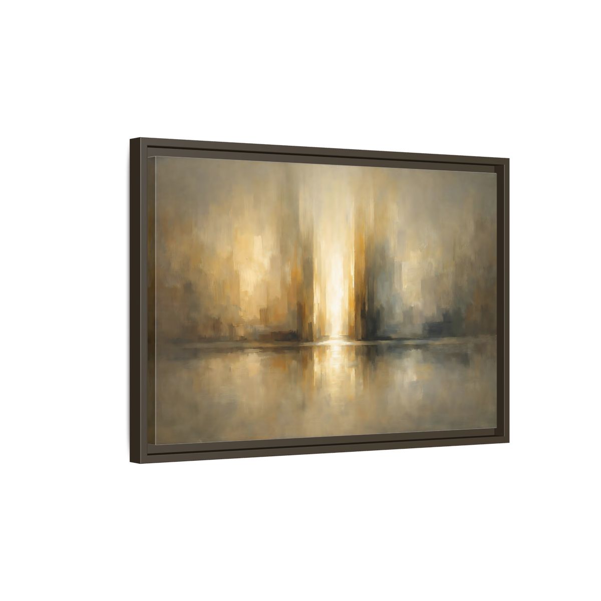 Side Mockup 2. Abstract Abstract Cityscape Gold And Gray shown as stretched canvas wall art
