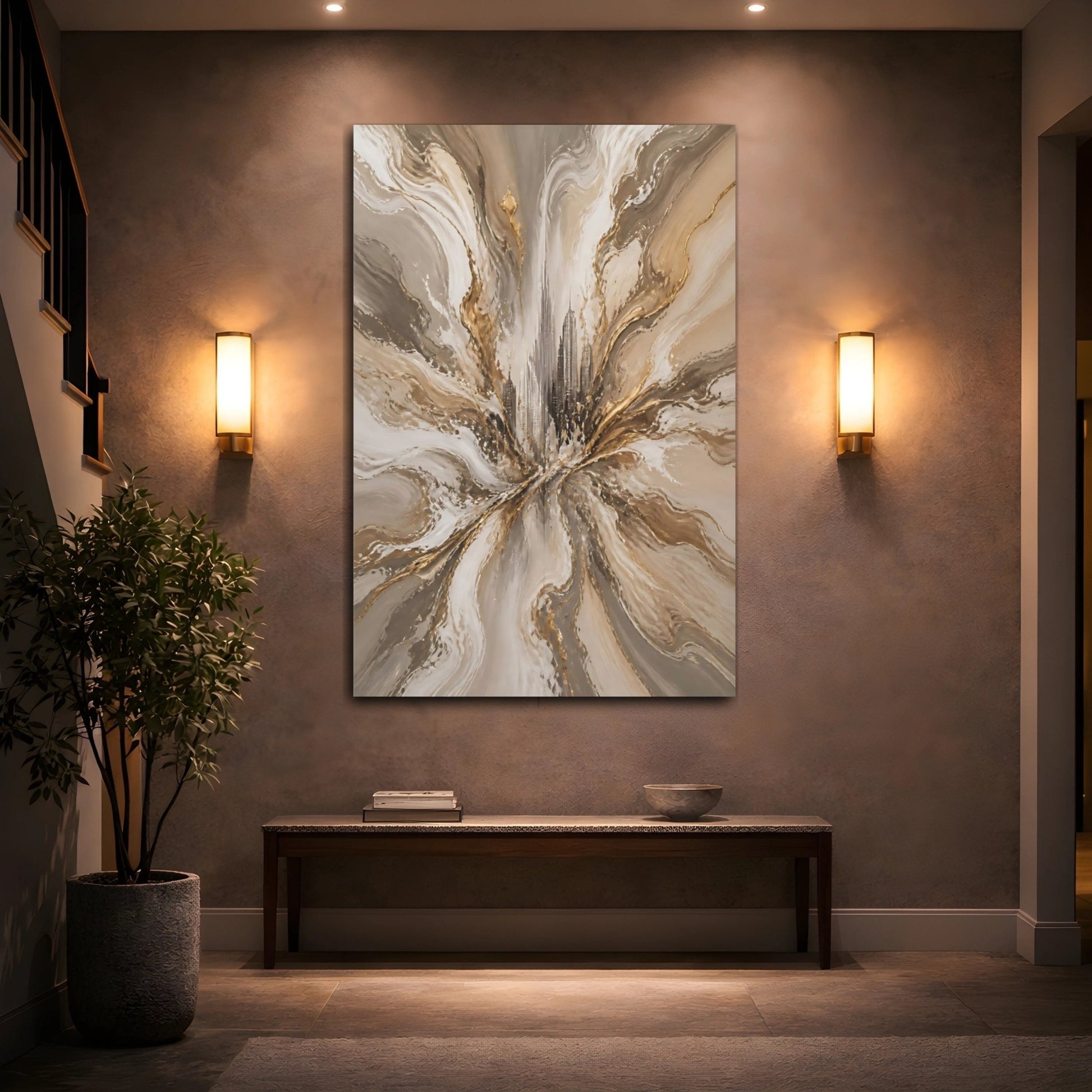 Abstract Cityscape Gold And Grey Canvas Wall Art Print – Living Room, Above Sofa - YesArtYes