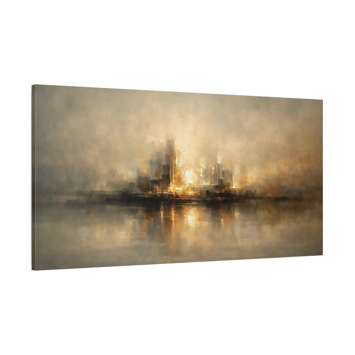Main Mockup. Abstract Cityscape Gold And Grey City shown as stretched canvas wall art