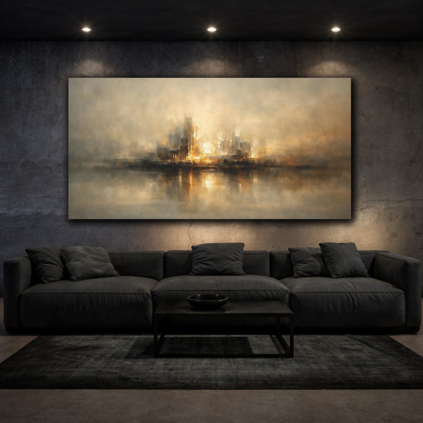 Mockup 2. Abstract Cityscape Gold And Grey City shown as stretched canvas wall art