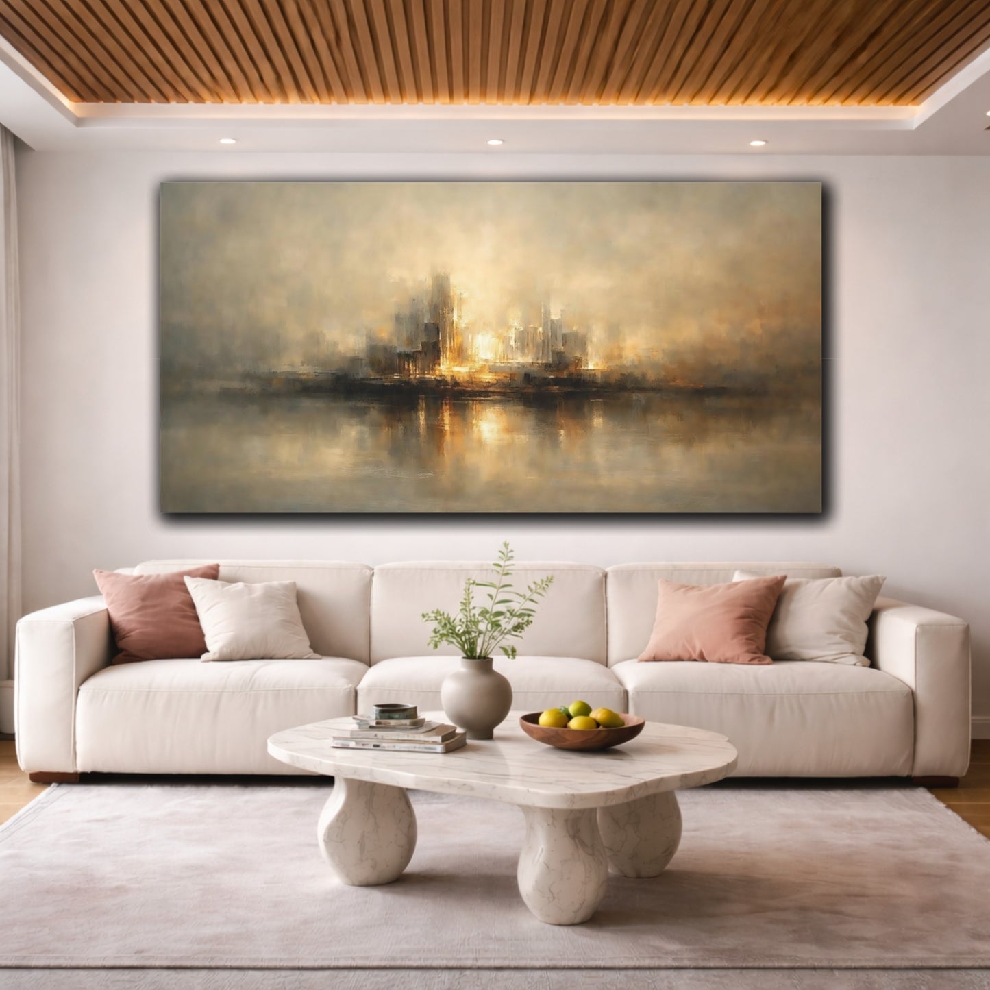 Mockup 3. Abstract Cityscape Gold And Grey City shown as stretched canvas wall art